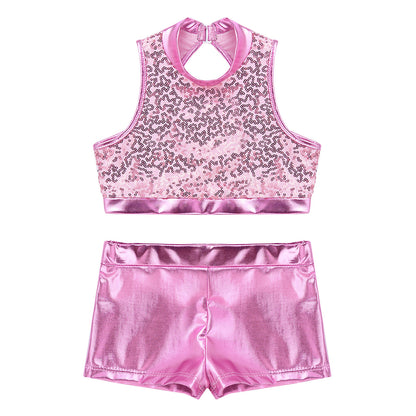 Girls Dance Costume Sequin Crop Top & Shorts Set (Age 6-12 YRS)