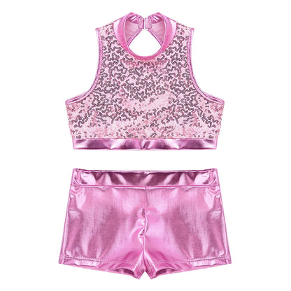 Girls Dance Costume Sequin Crop Top & Shorts Set (Age 6-12 YRS)