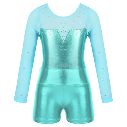 Girls Sparkly Rhinestone Ballet Dance Gymnastics Leotard & Shorts (Age 4-12 YRS)