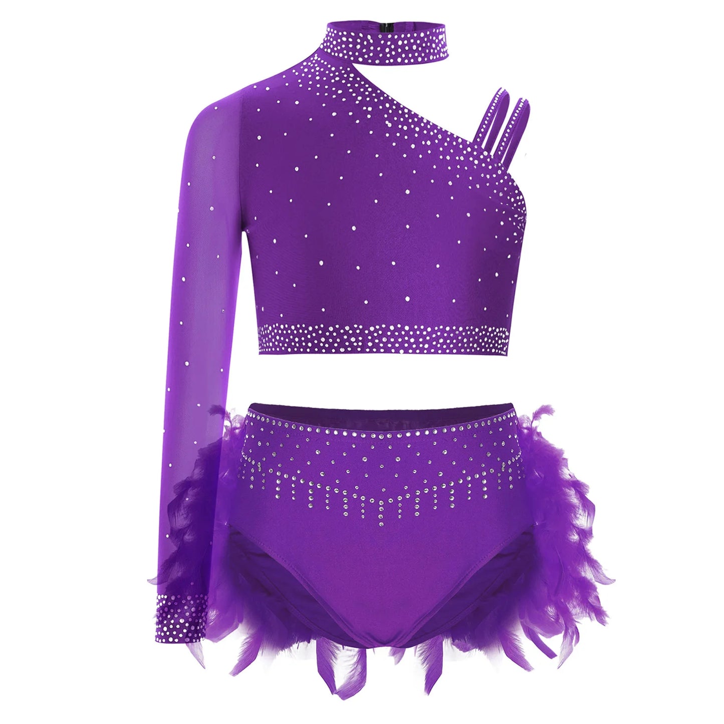 Girls Gymnastics Dance Performance Costume Rhinestone Crop Top With Feather Shorts Set (Age 6-16YRS)