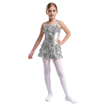 Girls Sequin Dance Sleeveless Cutout Tiered Ruffle Metallic Leotard Dress (Age 6-16 YRS)