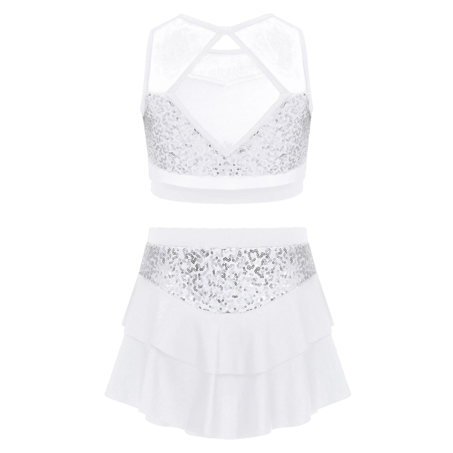 Girls Sequin Sheer Mesh Crop Top & Tiered Skirt Set (Age 6-16YRS)
