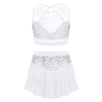 Girls Sequin Sheer Mesh Crop Top & Tiered Skirt Set (Age 6-16YRS)
