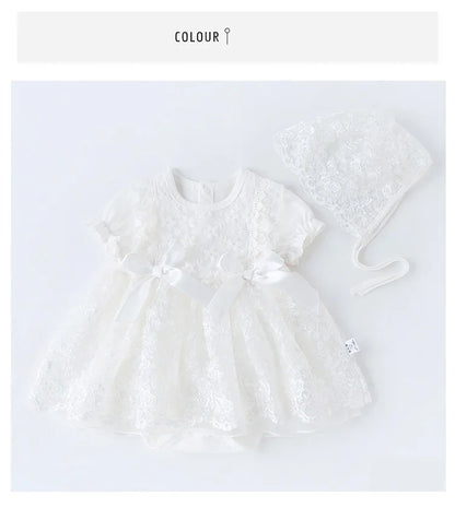 Baby Girls Short Sleeve Lace Dress & Bonnet (Age 3M-18M)