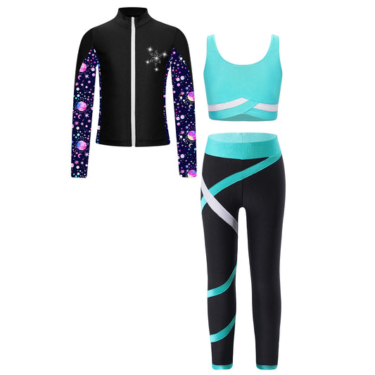 Girls Gymnastics Long Sleeves Athletic Shirt & Vest Tops & Leggings (Age 6-16 YRS)