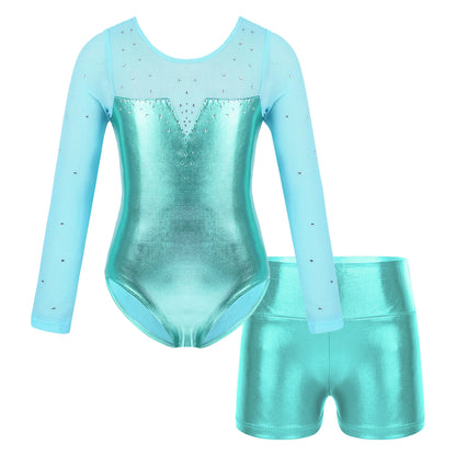 Girls Sparkly Rhinestone Ballet Dance Gymnastics Leotard & Shorts (Age 4-12 YRS)