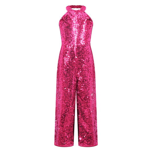 Girls Dance Sequin Sleeveless Halter Jumpsuit (Age 6-14YRS)