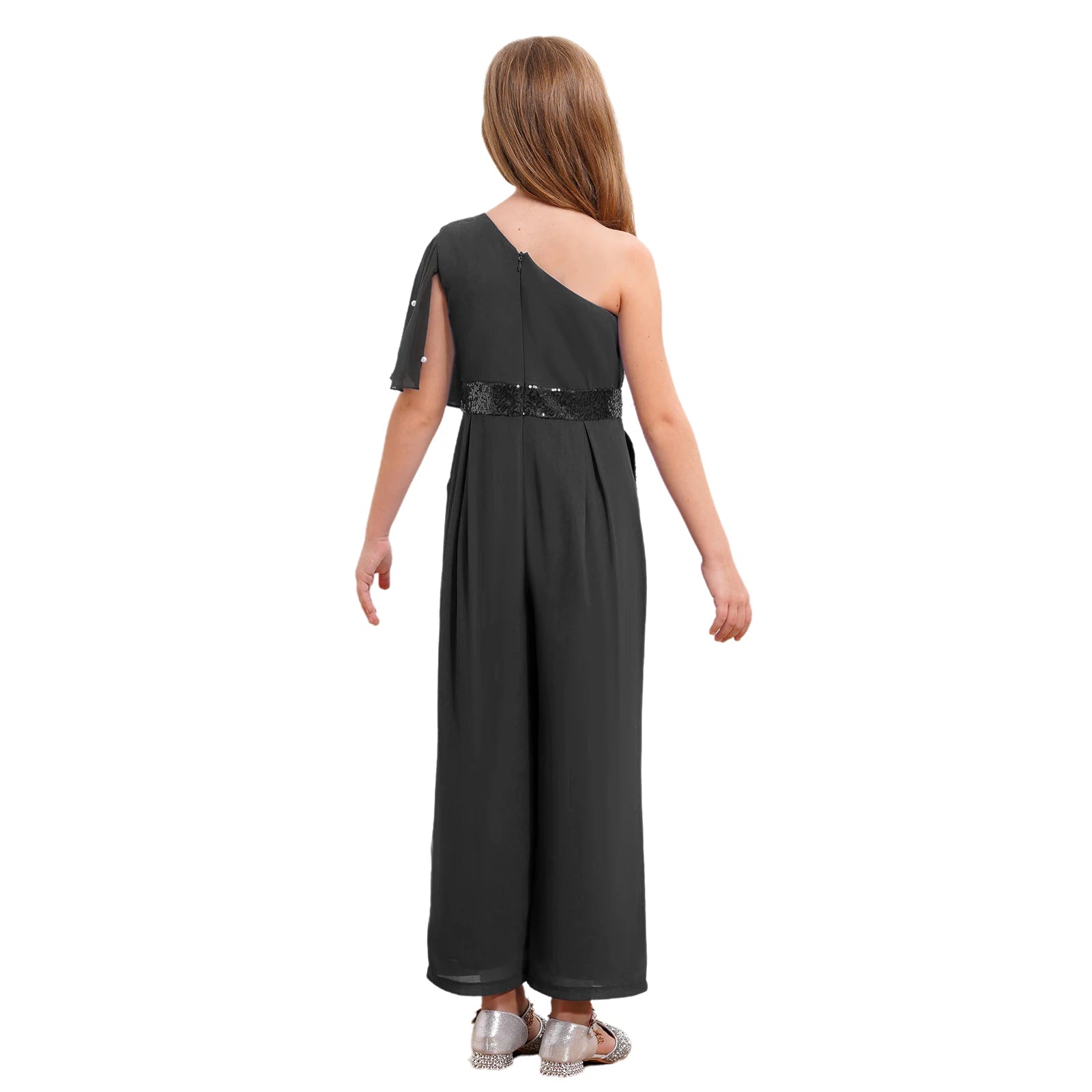 Girls One Shoulder PearlSequin Ruffled Wide Leg Jumpsuit (Age 6-14YRS)