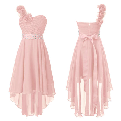Girls One Shoulder Asymmetrical Hem Dress (Age 6-16 YRS) Pink