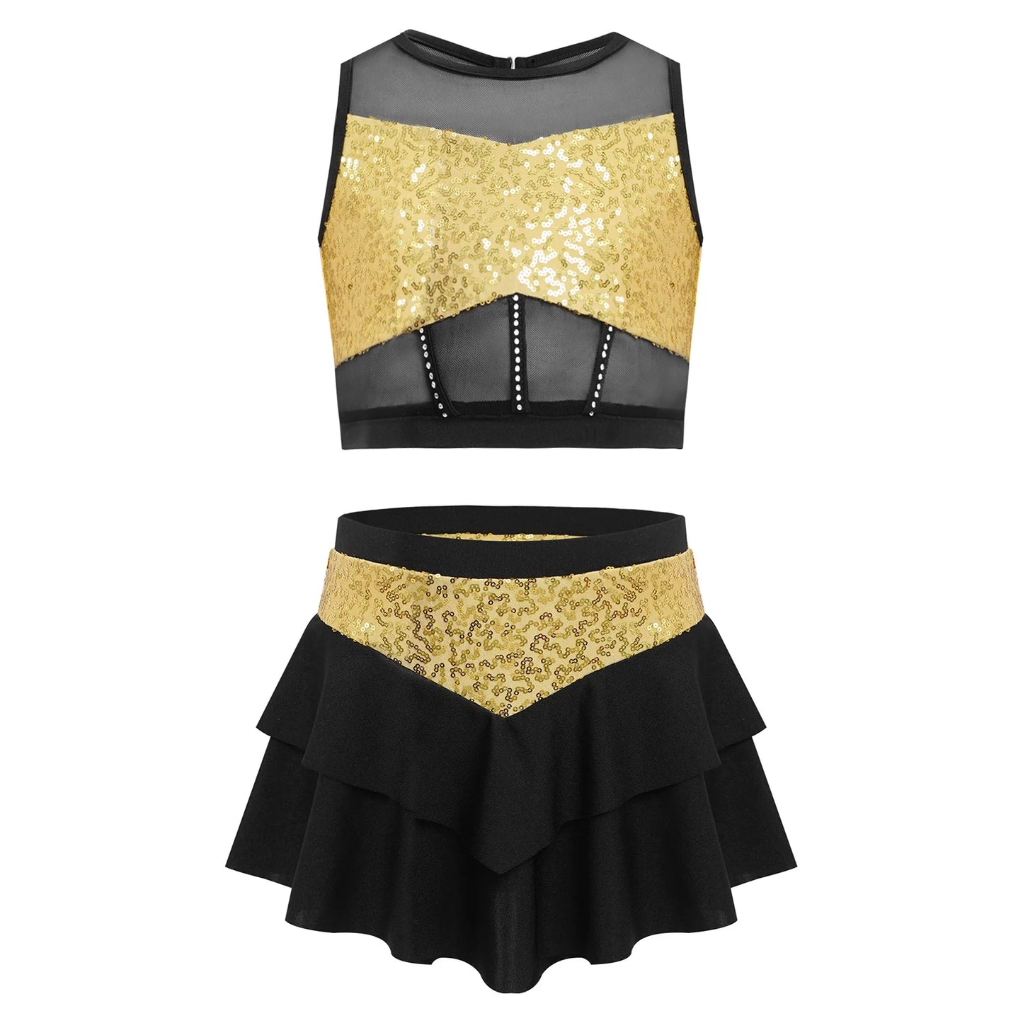 Girls Sequin Sheer Mesh Crop Top & Tiered Skirt Set (Age 6-16YRS)