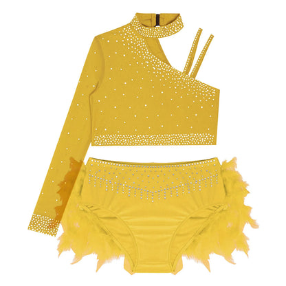 Girls Gymnastics Dance Performance Costume Rhinestone Crop Top With Feather Shorts Set (Age 6-16YRS)
