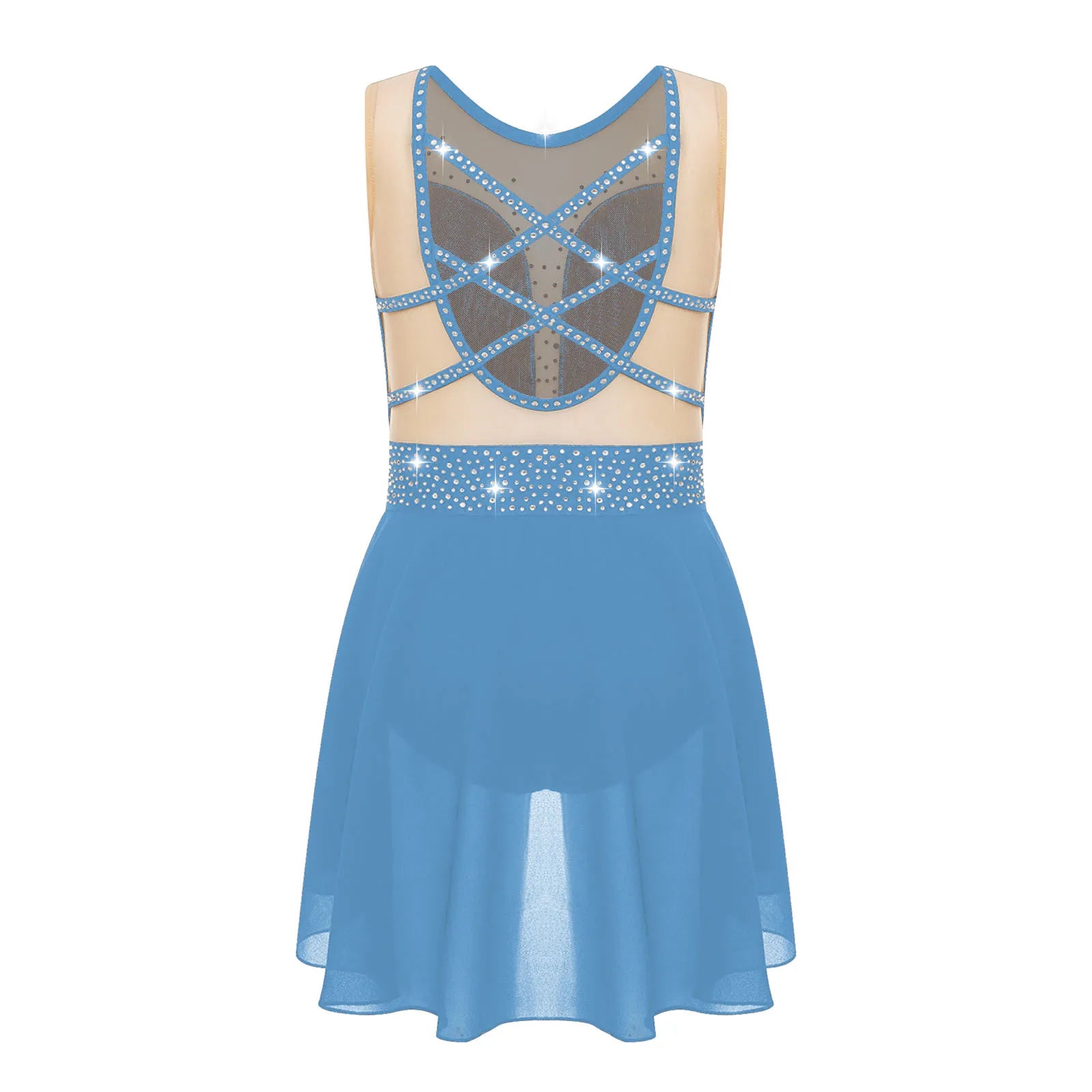 Rhinestone Gymnastics Figure Skating Dress for Teen Girls Sleeveless Sheer Mesh Tutu Ballet Leotard Lyrical Performance Costume