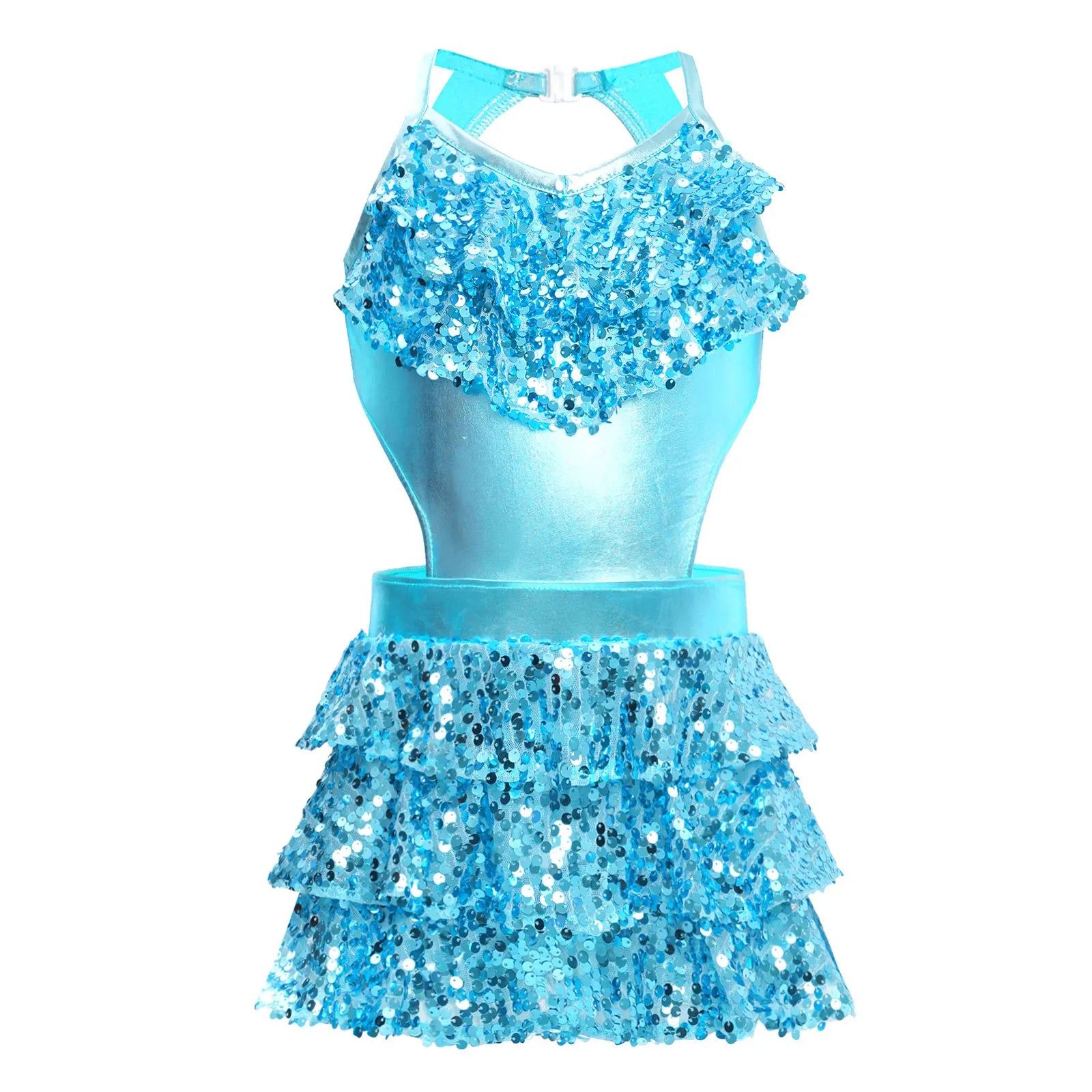 Girls Sequin Dance Sleeveless Cutout Tiered Ruffle Metallic Leotard Dress (Age 6-16 YRS)