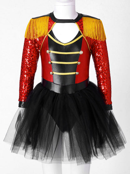 Girls Circus Ringmaster Magician Sequin Leotard Tutu Dress Costume (Age 6-16 YRS)