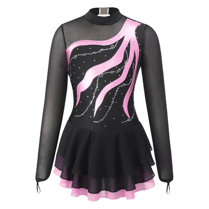 Girls Rhinestone Figure Skating Leotard Dress (Age 6-16 YRS) Pink