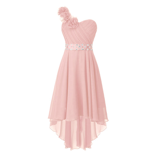 Girls Applique One-Shoulder Ruched Asymmetrical Hem Dress (Age 6-16YRS)