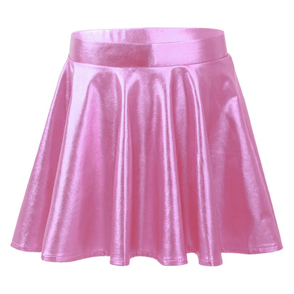 Girls Glossy Metallic Flared Pleated A-Line Miniskirt (Age 6-12 YRS) Pink
