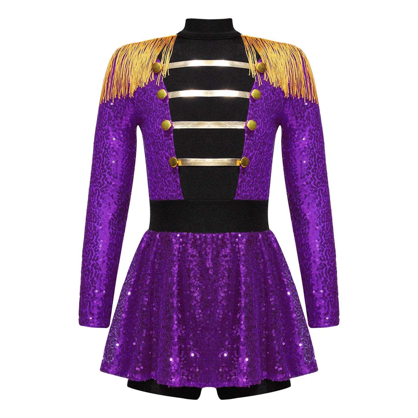 Girls Halloween Circus Ringmaster Costume Long Sleeve Sequin Leotard Dress (Age 6-14YRS) Purple D
