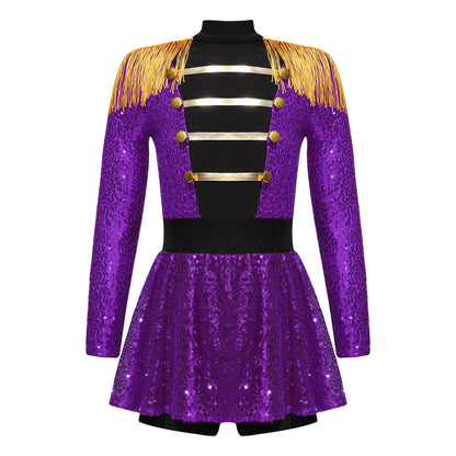 Girls Halloween Circus Ringmaster Costume Long Sleeve Sequin Leotard Dress (Age 6-14YRS) Purple D