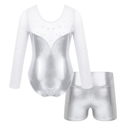 Girls Sparkly Rhinestone Ballet Dance Gymnastics Leotard & Shorts (Age 4-12 YRS)
