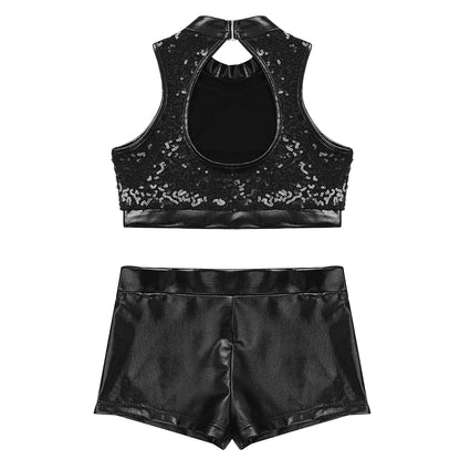 Girls Dance Costume Sequin Crop Top & Shorts Set (Age 6-12 YRS)