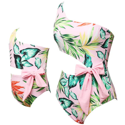 Family Matching Look Mom Girls Kids Ruffles Swimsuit Family Beach Wear Mother and Daughter Swimwear Coconut Tree Women Swimsuit Pink