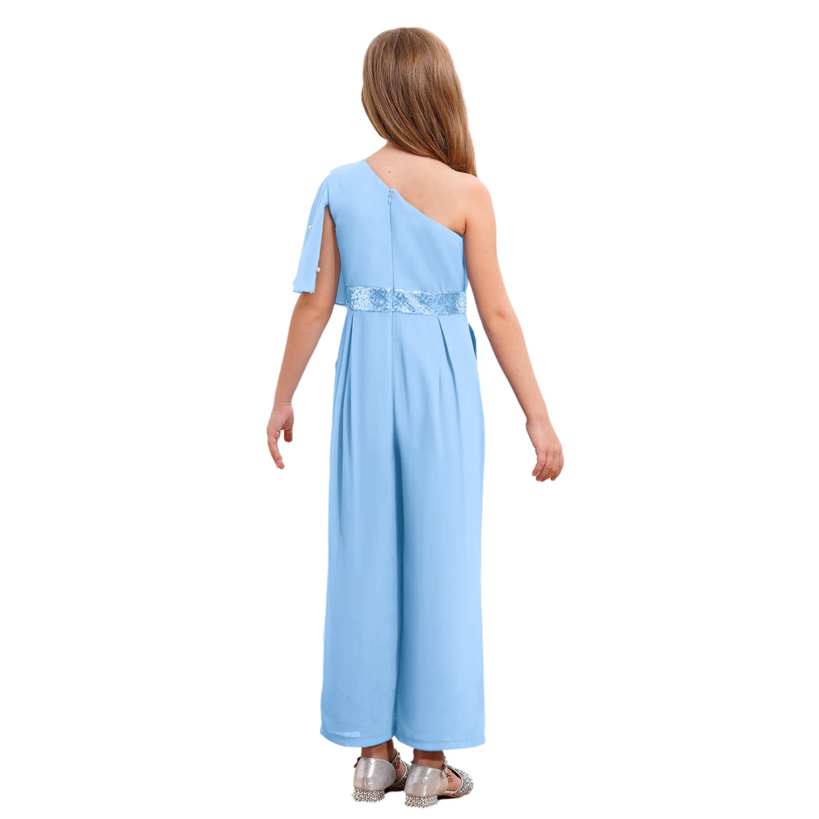Girls One Shoulder PearlSequin Ruffled Wide Leg Jumpsuit (Age 6-14YRS)