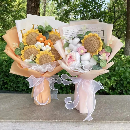 Plush Rose Sunflowers Tulip Carnations Knitted Crochet Flower Bouquet