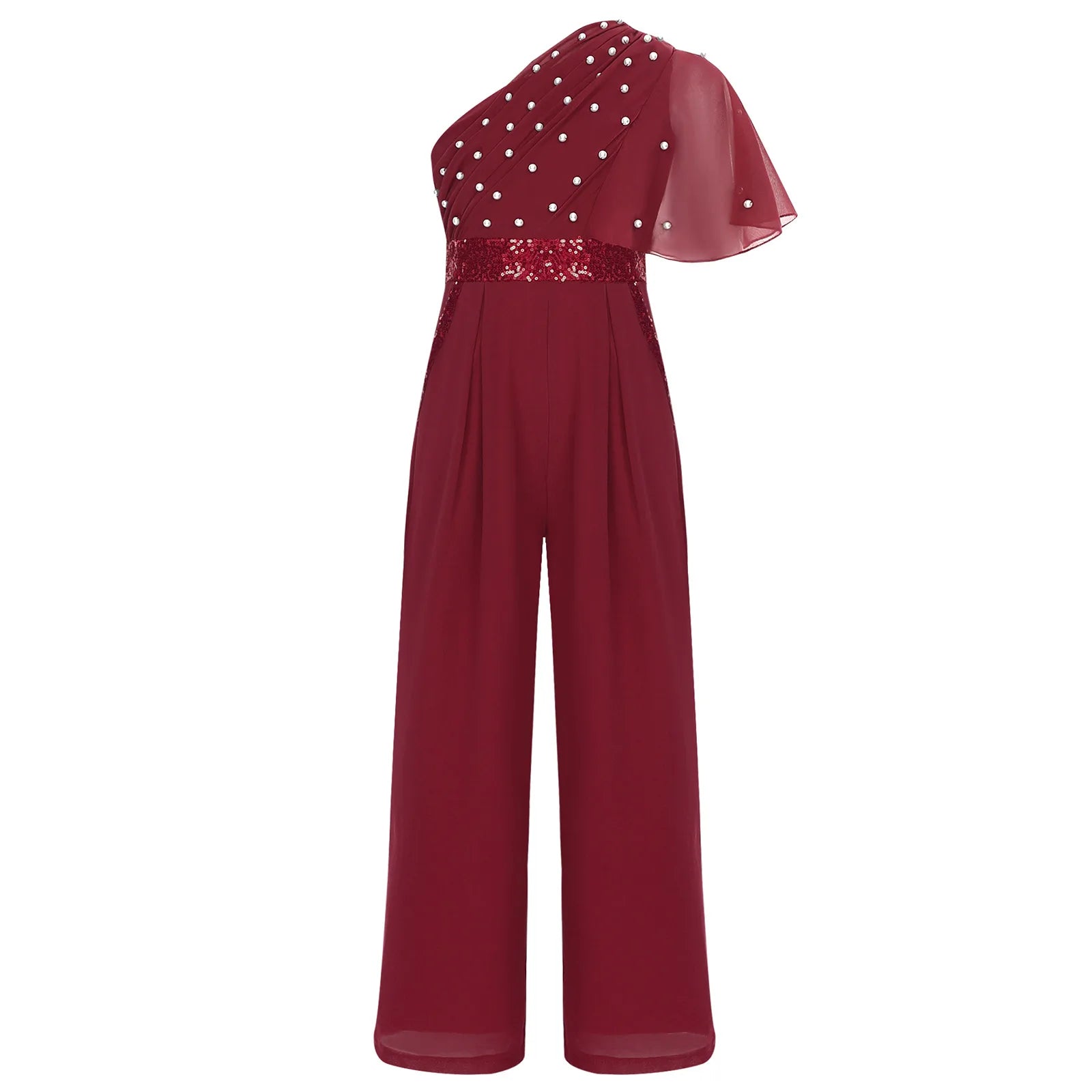 Girls One Shoulder PearlSequin Ruffled Wide Leg Jumpsuit (Age 6-14YRS)