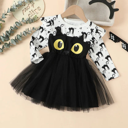 Halloween Infant Baby Girls Tulle Costume Cute Black Cat Lace Dress Ruffles Long Sleeve Princess Clothes Party Outfits white