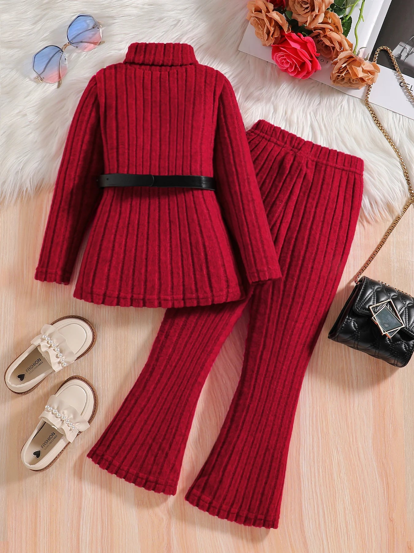 Girls Knitted Red Long-sleeved Jumper & Wide-Leg Trousers Set (Age 4-8 YRS)
