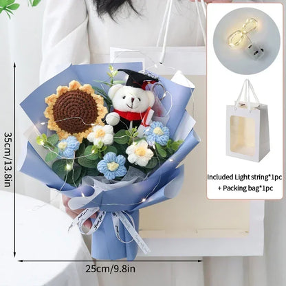 Plush Graduation Bear Crochet Artificial Flower Stuffed Blue