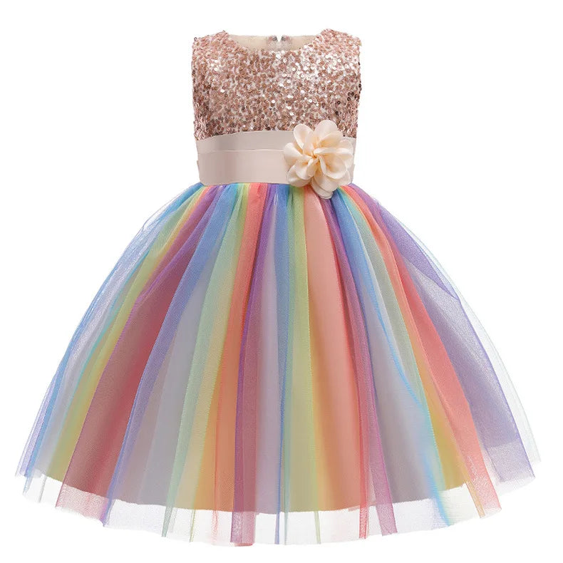 Girls Sequin Rainbow Tutu Tulle Dress (Age 3Y-10Y) Champage