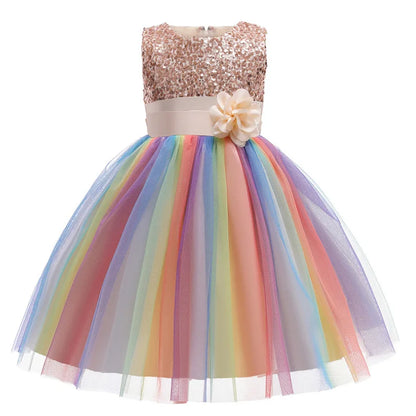 Girls Sequin Rainbow Tutu Tulle Dress (Age 3Y-10Y) Champage