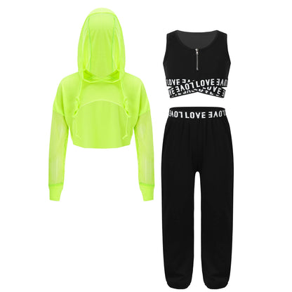 Girls Hip Hop Long Sleeve Drawstring Hooded Tops with Crop Top Pants Tracksuit (Age 6-14YRS)