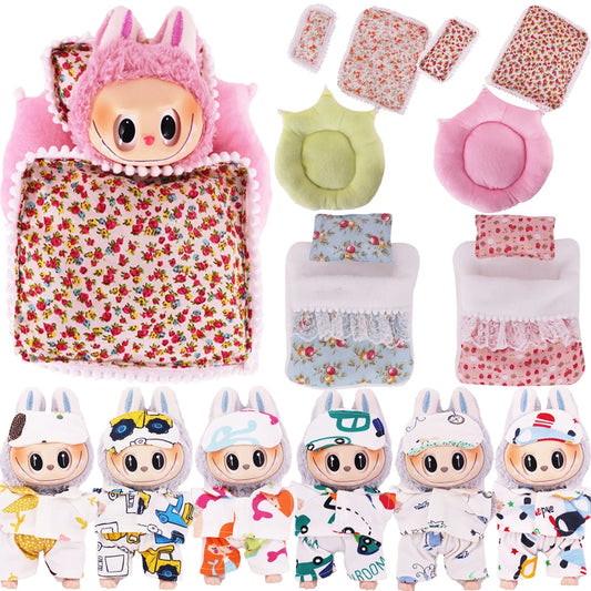 Mini Doll's Accessories Set For Labubu Doll Bed+Quilt+Pillow Pajamas Sleeping Bag Dollhouse Toys
