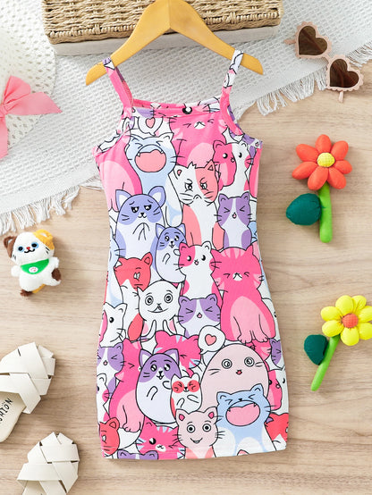 Girls Cat Print Dress (Age 3-7 YRS)