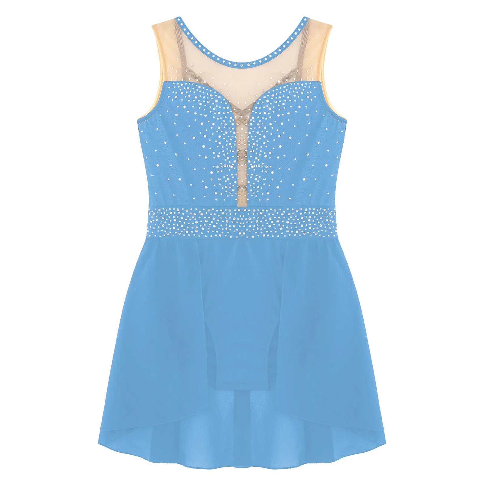 Rhinestone Gymnastics Figure Skating Dress for Teen Girls Sleeveless Sheer Mesh Tutu Ballet Leotard Lyrical Performance Costume