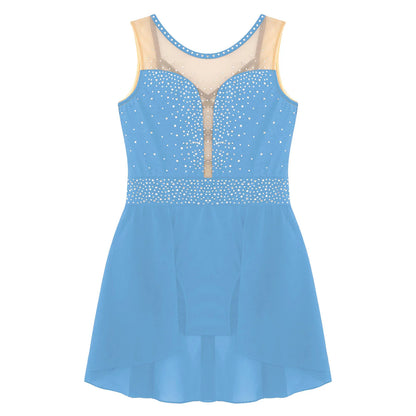 Rhinestone Gymnastics Figure Skating Dress for Teen Girls Sleeveless Sheer Mesh Tutu Ballet Leotard Lyrical Performance Costume