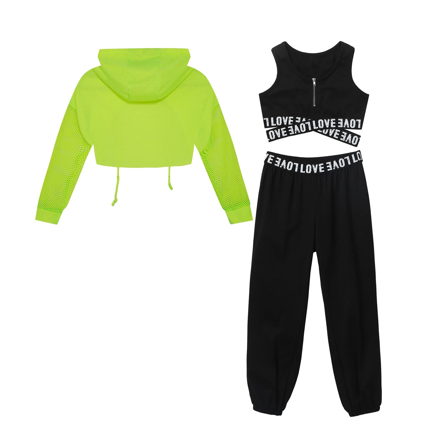 Girls Hip Hop Long Sleeve Drawstring Hooded Tops with Crop Top Pants Tracksuit (Age 6-14YRS)