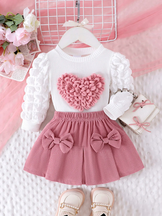 Baby/Toddler Girls Bubble Sleeve Heart Top + Pink Short Skirt Set (Age 6M-3 YRS)
