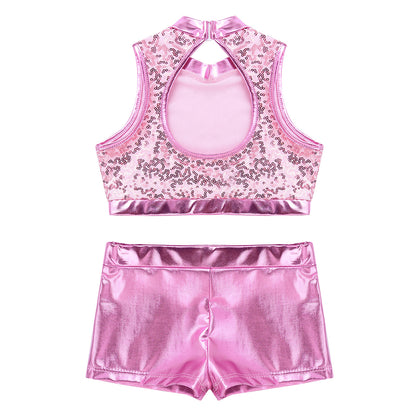 Girls Dance Costume Sequin Crop Top & Shorts Set (Age 6-12 YRS)