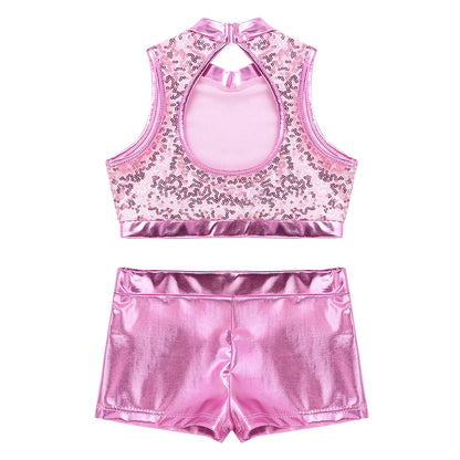 Girls Dance Costume Sequin Crop Top & Shorts Set (Age 6-12 YRS)