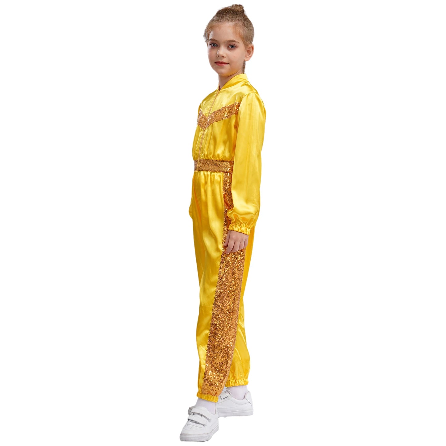 Girls Sequin Satin m Long Sleeve Zipper Jumpsuit (Age 6-16 YRS)