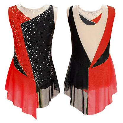 Rhinestone Gymnastics Figure Skating Dress for Teen Girls Sleeveless Sheer Mesh Tutu Ballet Leotard Lyrical Performance Costume Red