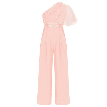 Girls One Shoulder PearlSequin Ruffled Wide Leg Jumpsuit (Age 6-14YRS)