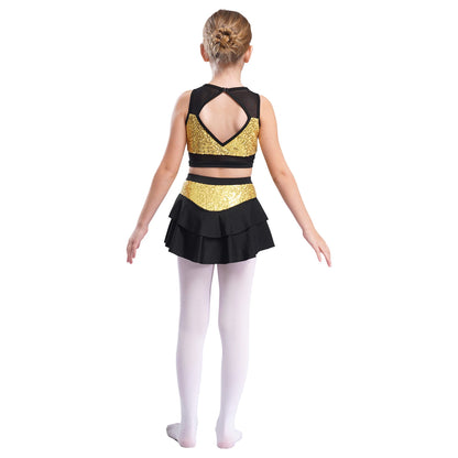 Girls Sequin Sheer Mesh Crop Top & Tiered Skirt Set (Age 6-16YRS)