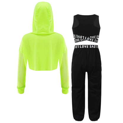 Girls Hip Hop Long Sleeve Drawstring Hooded Tops with Crop Top Pants Tracksuit (Age 6-14YRS)