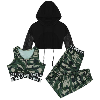 Girls Hip Hop Long Sleeve Drawstring Hooded Tops with Crop Top Pants Tracksuit (Age 6-14YRS)