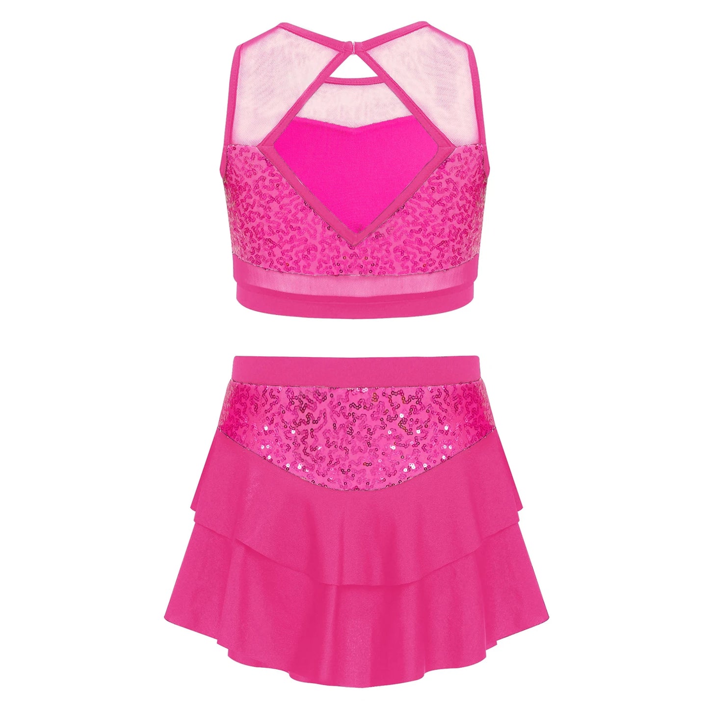Girls Sequin Sheer Mesh Crop Top & Tiered Skirt Set (Age 6-16YRS)